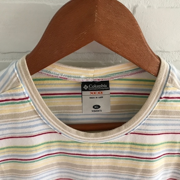 Columbia Vintage crew neck Tee Stripes White Butter Yellowred Sz L - Picture 2 of 5